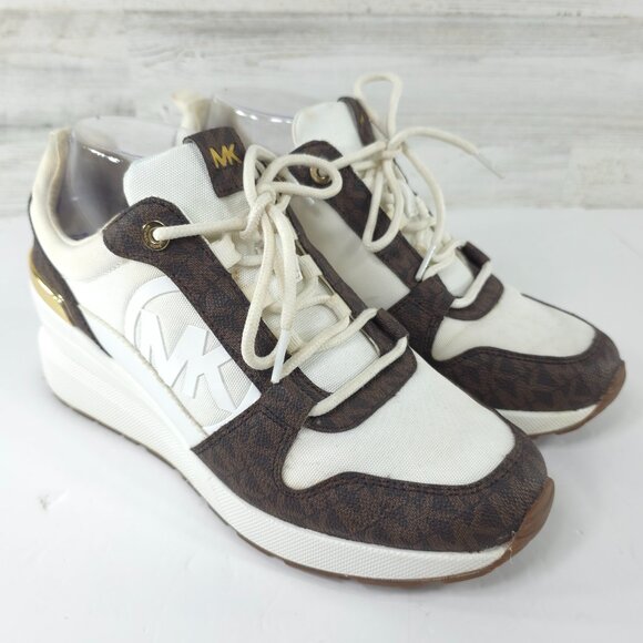 MK MICHAEL KORS WOMEN'S SIZE 9 M WHITE BROWN SNEAKERS LOGO LS22B LACE UP LOW TOP - Picture 3 of 16